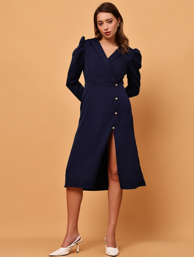 Elegant Navy Blue Midi Dress for Women – Puff Sleeve Wrap Style with Front Slit